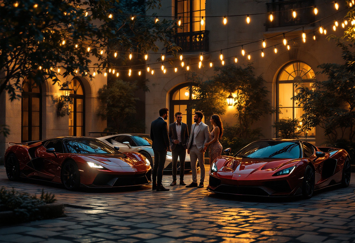 A club meet at dusk — supercars and owners in a courtyard under string lights