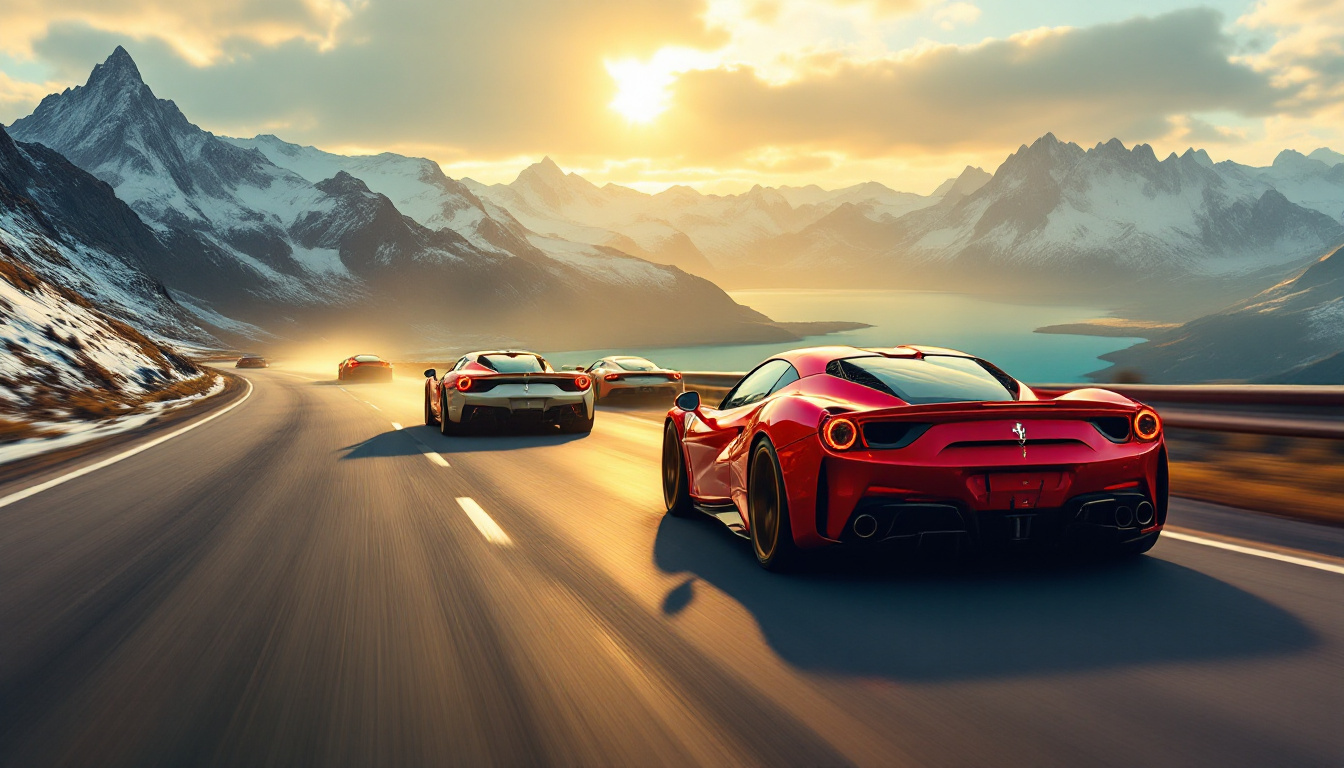 A convoy of supercars on a mountain pass at golden hour